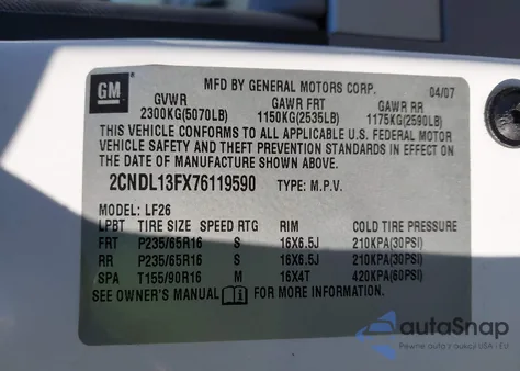 2007 Chevrolet Equinox Ls from USA, damaged, VIN 2CNDL13FX76119590